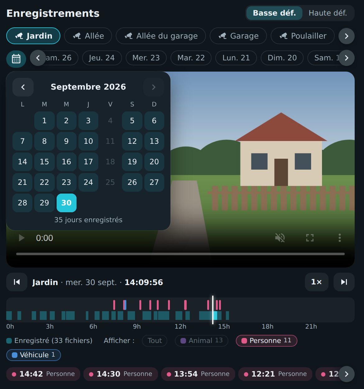 Le calendrier et le filtre des détections
