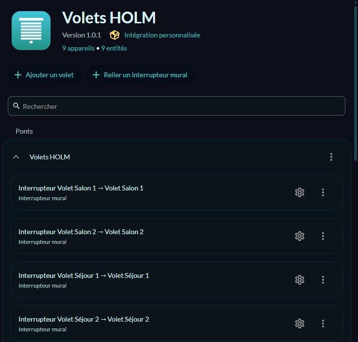 La page de l'intégration Volets HOLM